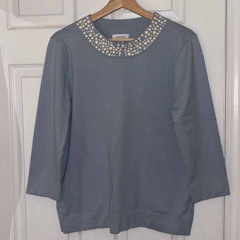 Calvin Klein Fitted Baby Blue Seeater with Pearl Collar - L